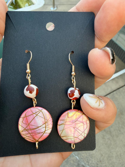 Blush Shell Disc Dangle Earrings | Gold Beaded Drop Earrings | Handmade Boho Statement Earrings | Valentine Jewelry Gift