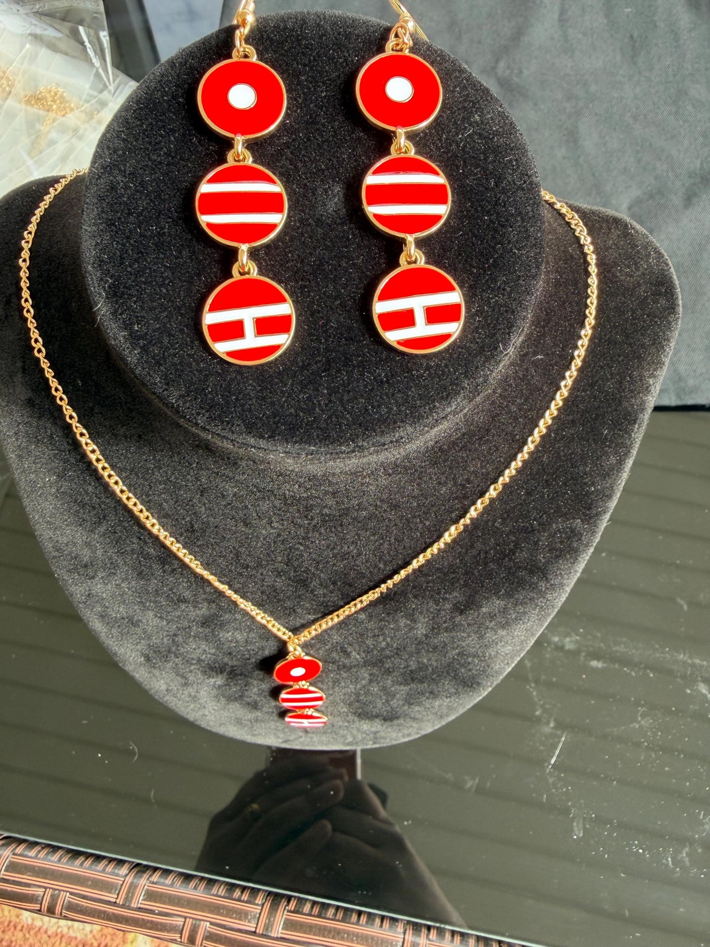 Red & Gold Enamel Jewelry Set | Arirang Inspired | Dangle Earrings and Necklace |  Stadium Outfit |  Fan Gift