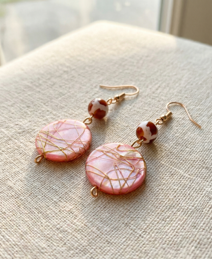 Blush Shell Disc Dangle Earrings | Gold Beaded Drop Earrings | Handmade Boho Statement Earrings | Valentine Jewelry Gift