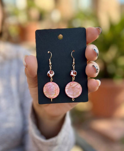 Blush Shell Disc Dangle Earrings | Gold Beaded Drop Earrings | Handmade Boho Statement Earrings | Valentine Jewelry Gift
