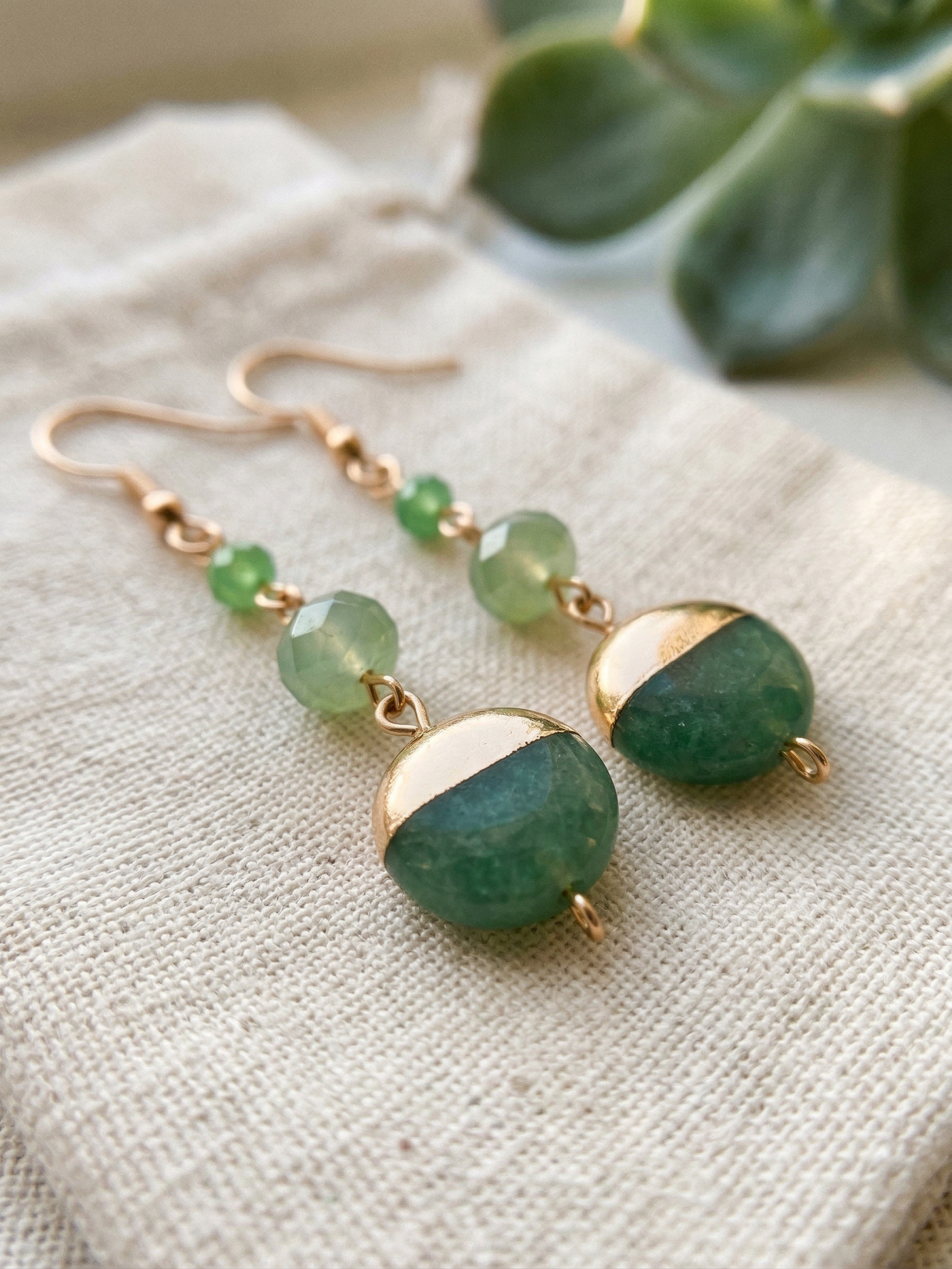 Green Beaded Dangle Earrings | Gold Drop Earrings | Handmade Boho Earrings | Minimal Statement Jewelry | Gift for Her