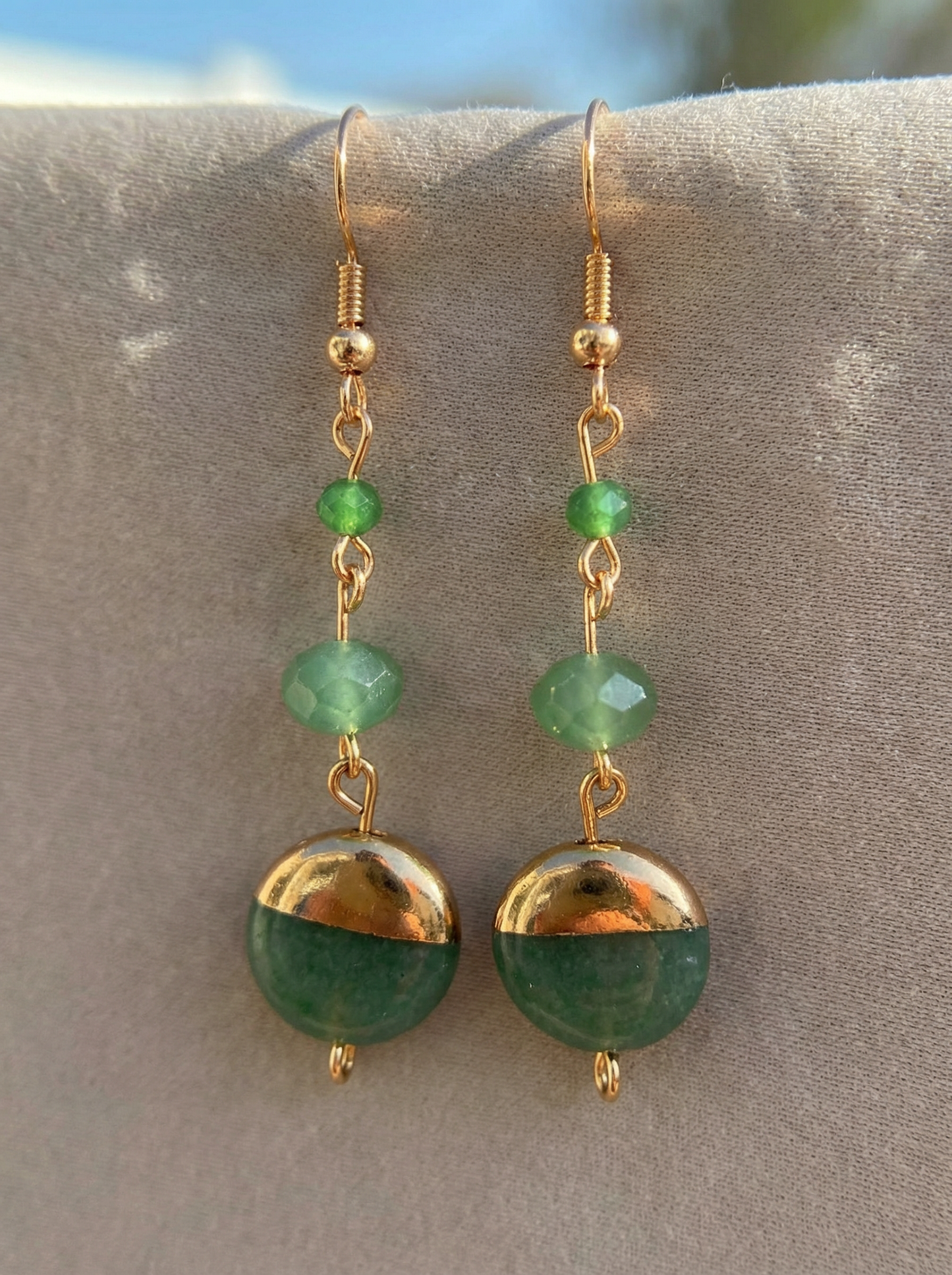 Green Beaded Dangle Earrings | Gold Drop Earrings | Handmade Boho Earrings | Minimal Statement Jewelry | Gift for Her